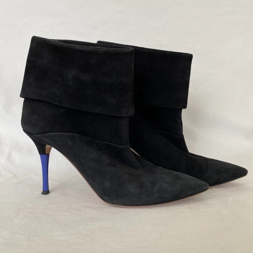 Aquazzura BLACK SUEDE BOOTS Size 39 BLUE STILETTO 3.5” Heel ITALY VGC!